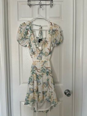 Windsor Cream Open Back Floral Dress with Green and Yellow Print
